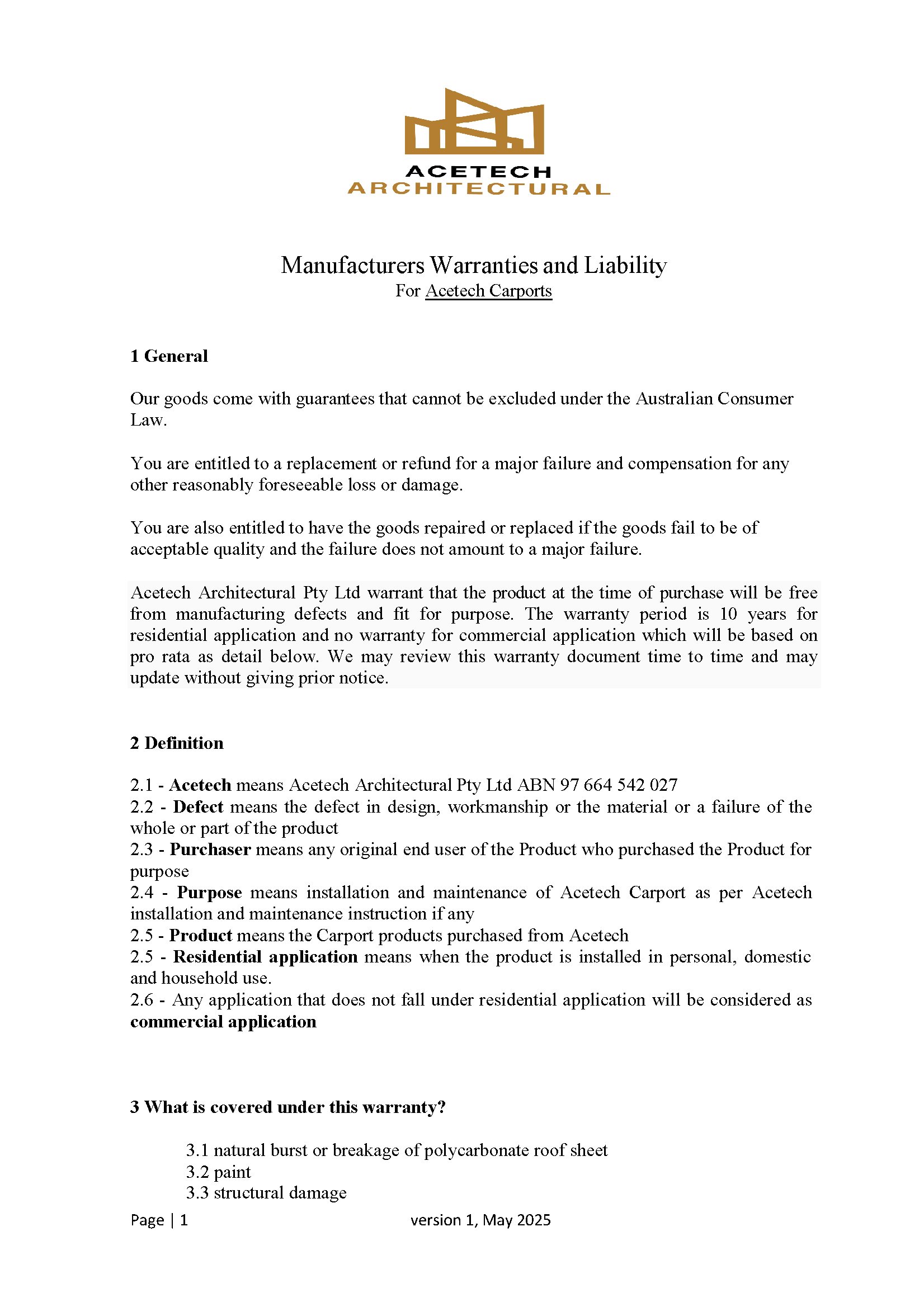 Acetech Carport Warranty V1